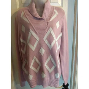 Liz Claiborne Sweater Pink White Shawl Collar Sz L Classic Preppy Sporty